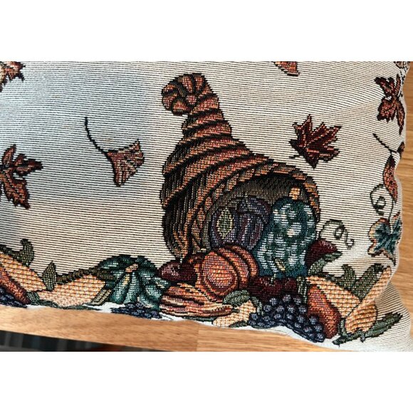 Fall Harvest Tapestry Throw Pillow Cornucopia & Leaves Design - Picture 3 of 7